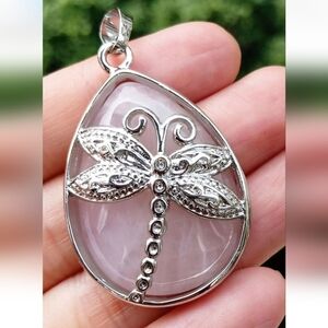 New silver Plated rose quartz dragonfly Necklace pendant 2" Approx